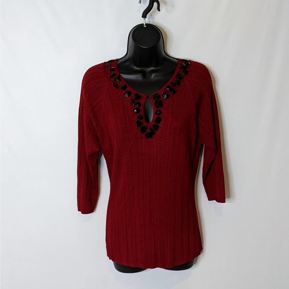 Emma Jean's Red Jeweled Keyhole Neck Medium Weight Sweater Size Medium NWOT - Picture 1 of 6